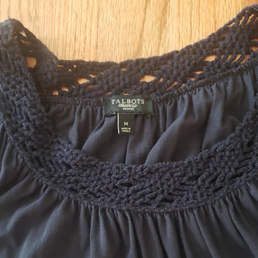 Talbots Black Scoop Neck Crochet Yoke Blouse Size:  MP